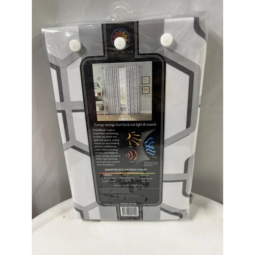SmartBlock Chroma Geo Grey 100% Blackout Curtain Panel 50x84 Rod Pocket‎ Thermal